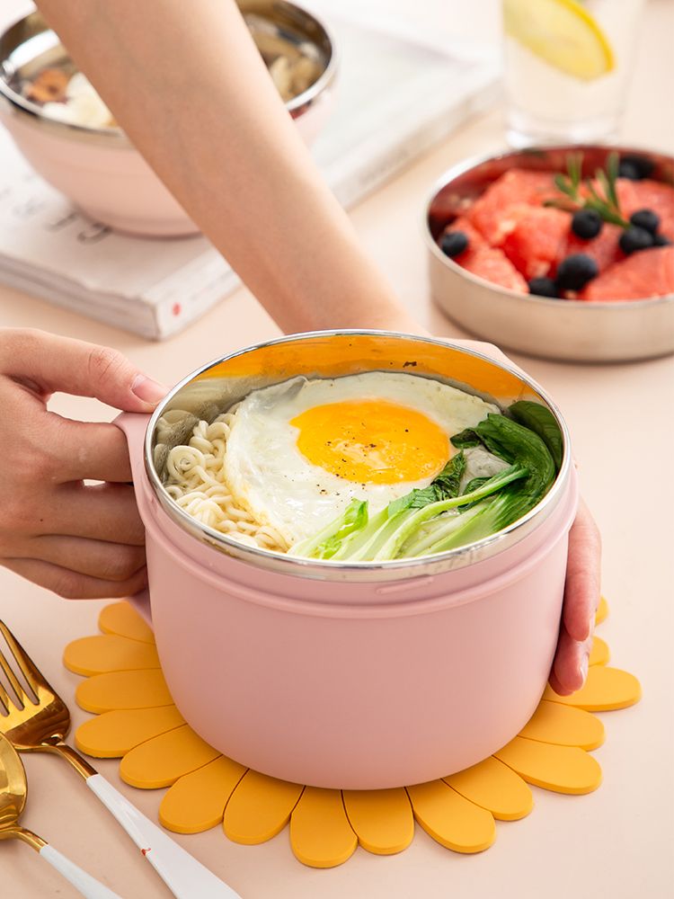 Anti-scalding Plastic Bowl for Kids Nordic 304 Stainless Steel Soup Bowl  with Lid Insulated Rice Noddle Food Containers Kitchen
